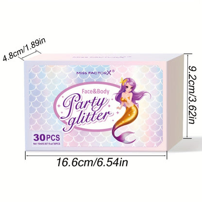 Face Body Glitter Gel Set 30 Pieces – Colorful Shapes Mermaid Sequin Stars Hearts, Transparent Gel Base, Skin-Safe Shimmer Makeup