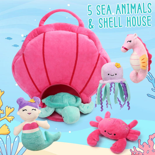 Ocean Stuffed Animals Set 5 Pack Sea Turtle Octopus Mermaid Seahorse Crab with the Listed Color, Size or Set Options for Everyday Use
