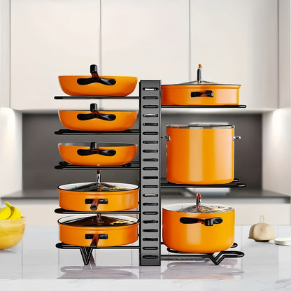 Eight-Tier Pot and Pan Organizer Rack in Black with Side Cookware and Lid Positions, One- or Two-Piece Sets