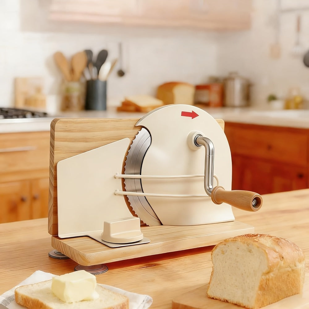 Bread Slicer Manual Adjustable Thickness Uniform Slices Hand Crank Serrated Blade Suction for Entryways, Bedrooms and Living Spaces