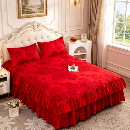 Floral Bed Skirt Set 3 Piece Tropical Print Ruffle Bed Skirt with 2 Pillowcases All-Season Polyester Machine Washable Bedroom Bedding Set