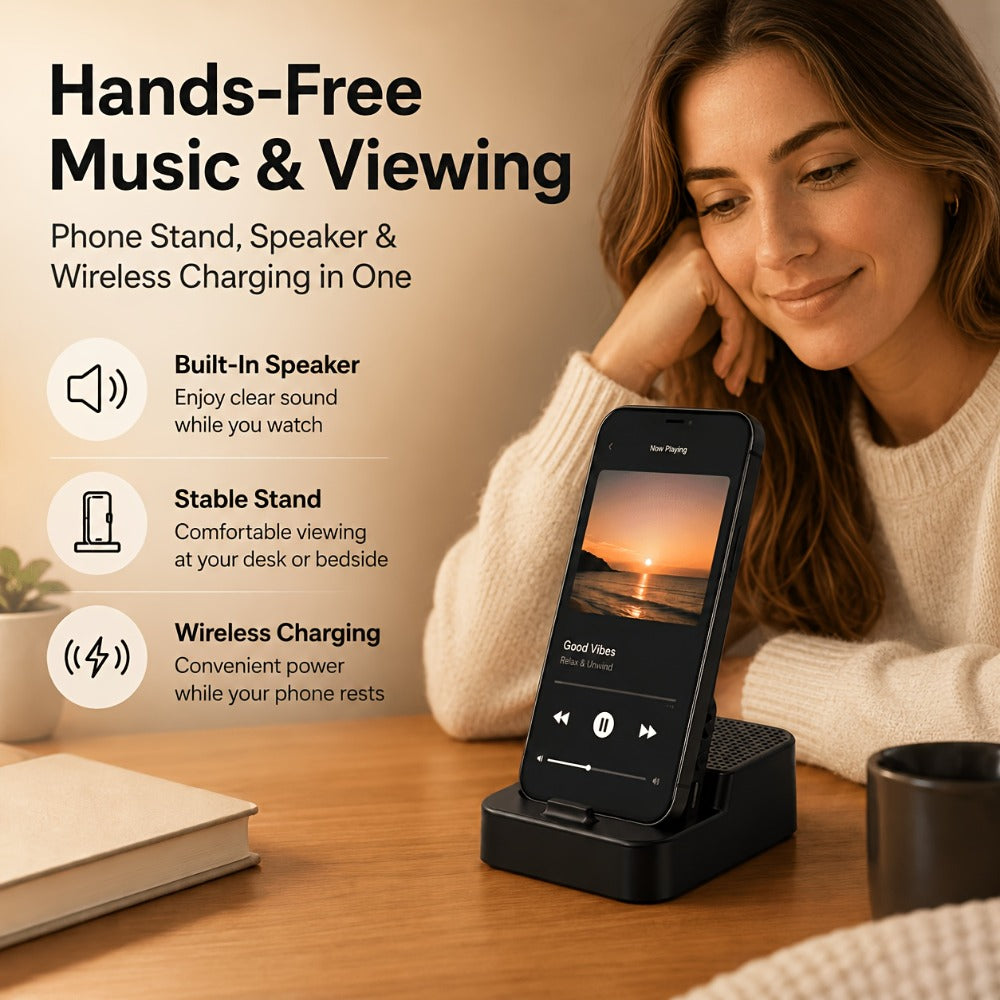 Magnetic Wireless Speaker Stand with Emergency Charging, 360° Adjustable Foldable Phone Holder, Portable Bluetooth Speaker