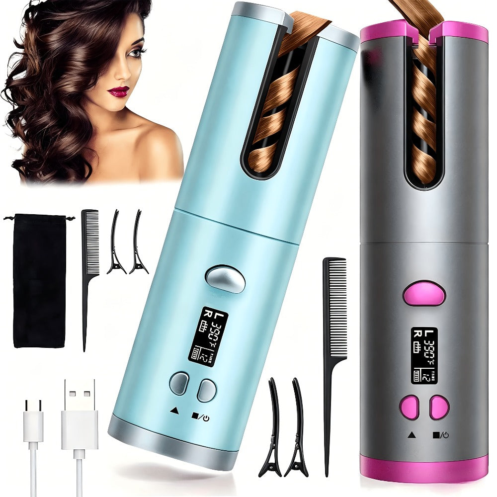 USB-Rechargeable Automatic Curling Chamber with Six Heat Settings, LCD Timer and Four Color Options