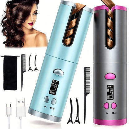 USB-Rechargeable Automatic Curling Chamber with Six Heat Settings, LCD Timer and Four Color Options