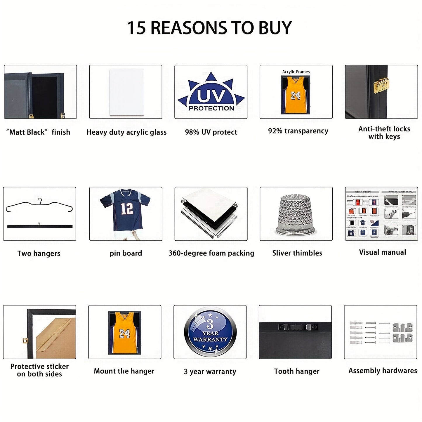 Jersey Display Case Shadow Box – Lockable UV Protection Frame for Baseball Basketball Football Soccer Hockey Sport Shirt, Matte Black
