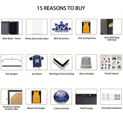 Jersey Display Case Shadow Box – Lockable UV Protection Frame for Baseball Basketball Football Soccer Hockey Sport Shirt, Matte Black