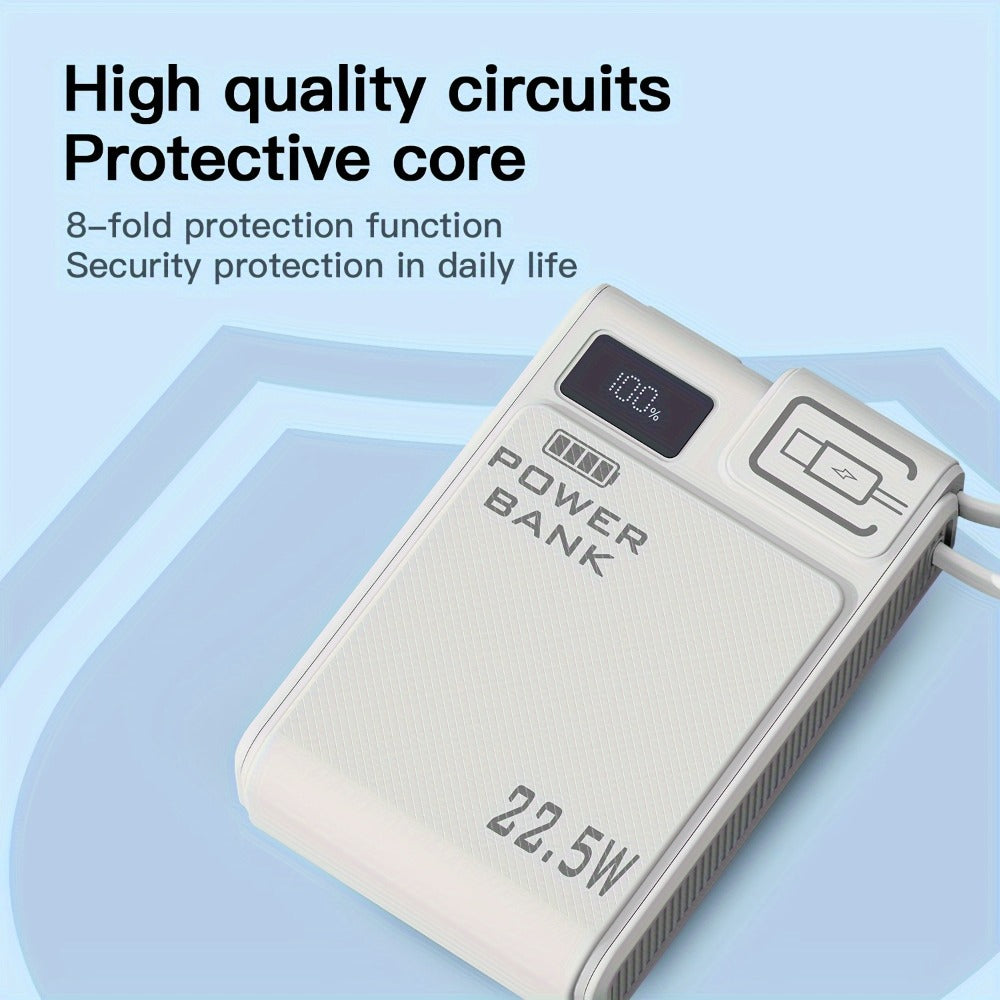 10000mAh Power Bank with 22.5W Label, Built-In USB-A and USB-C Cables, Three Outputs and Display