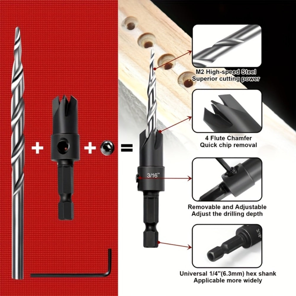 5pcs Countersink Drill Bit Set #4 #6 #8 #10 #12 Tapered with 1/4" Hex Shank Quick-Change for Entryways, Bedrooms and Living Spaces