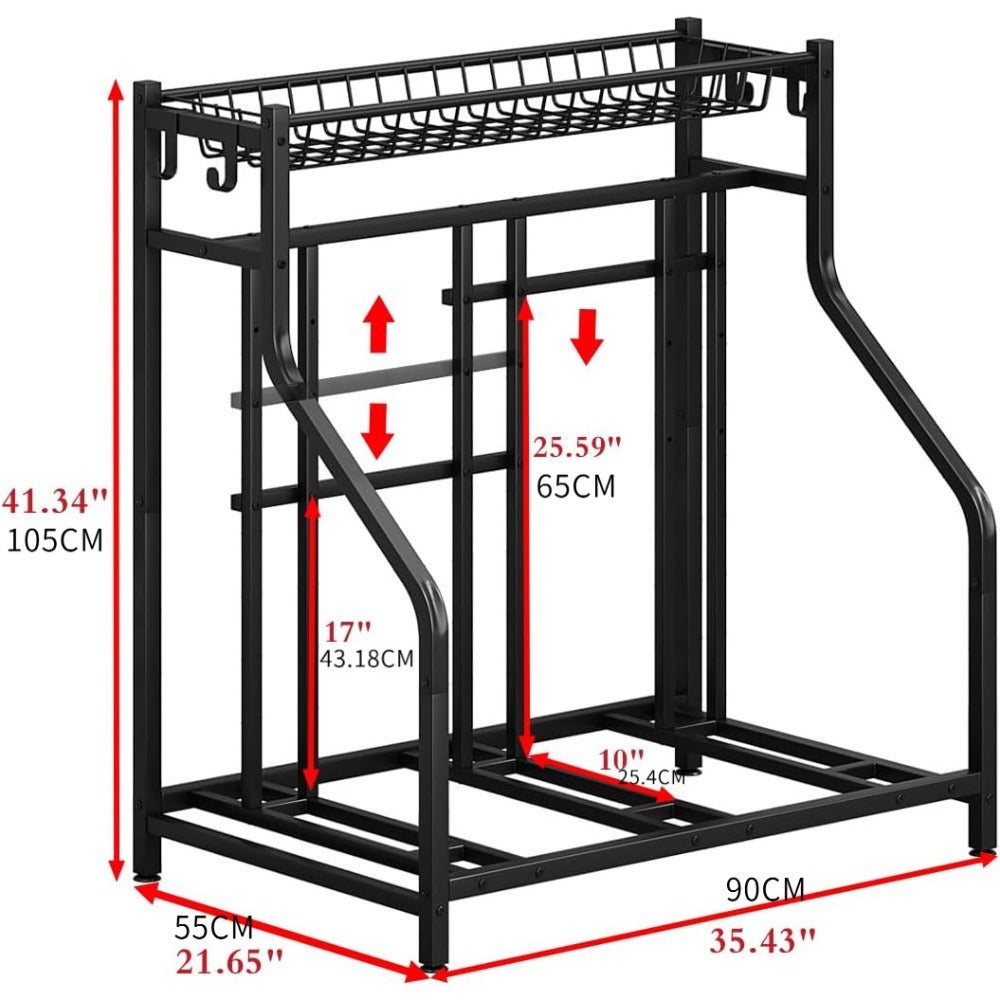 Freestanding Bike Storage Stand with Basket & Hooks, Adjustable Floor Rack for 3-4 Bikes, Indoor Outdoor Garage Organizer