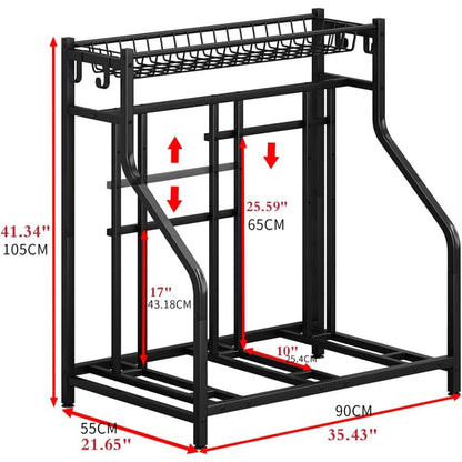 Freestanding Bike Storage Stand with Basket & Hooks, Adjustable Floor Rack for 3-4 Bikes, Indoor Outdoor Garage Organizer