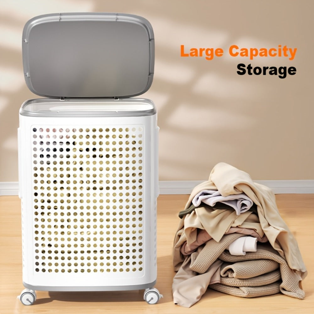 Rolling Laundry Basket with Lid and Wheels, Large Foldable Ventilated Storage Bin with Lockable Casters