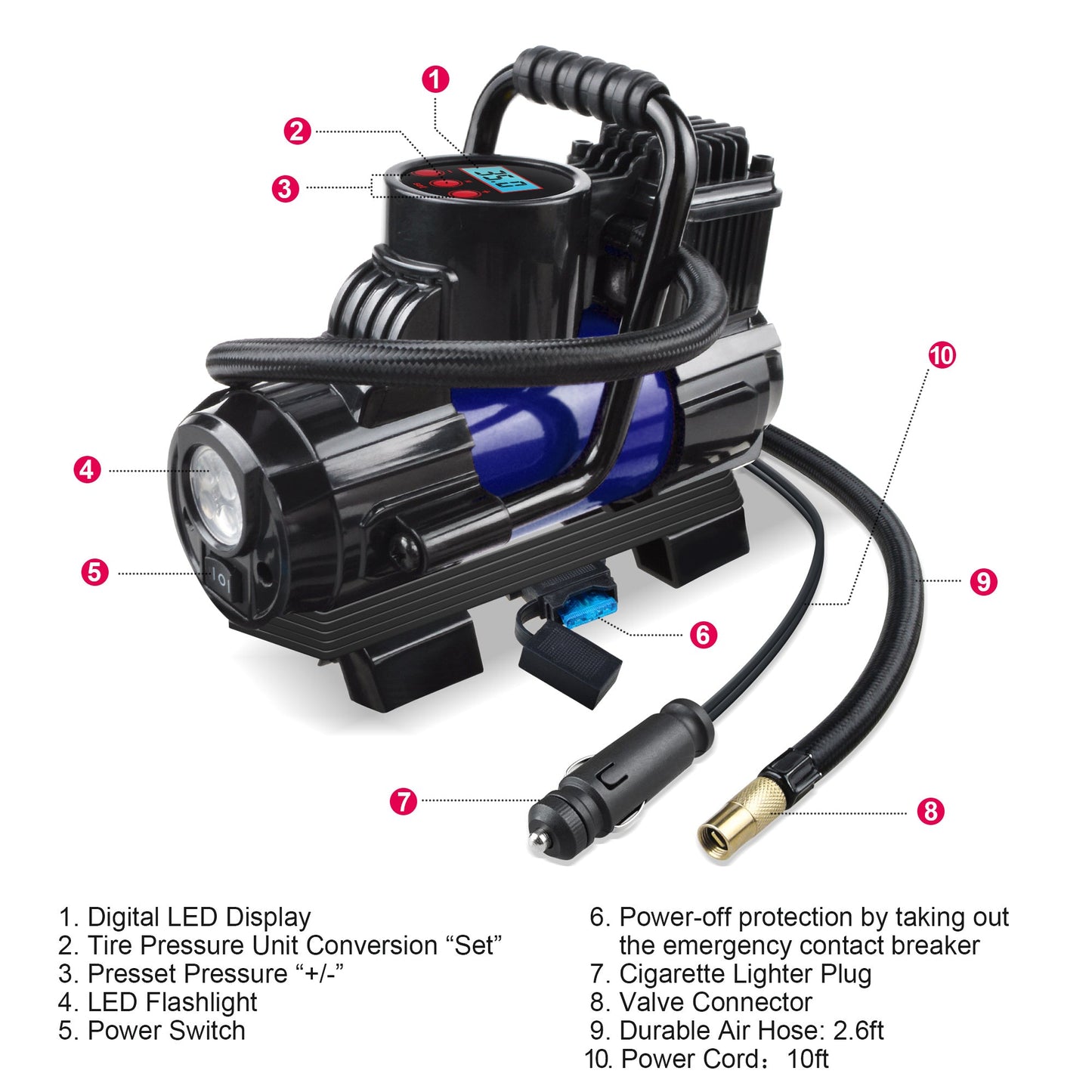 150 PSI 12V Tire Inflator with Analog Pressure Gauge, Carry Bag, Hose Accessories and Yellow or Blue Housing