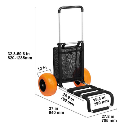 Beach Cart Aluminum Alloy 12-Inch PU Foam Wheels Folding Sand Cart Adjustable Handle for Camping Fishing Gardening Outdoor