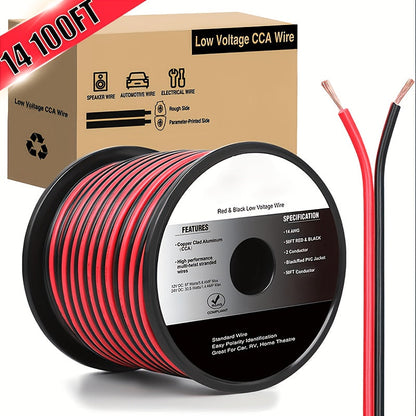 CCA Speaker Wire 16AWG – Red & Black Copper Clad Aluminum 2-Conductor DC Cable for Car Audio, Radio, Amplifier & Home LED Strip Lights