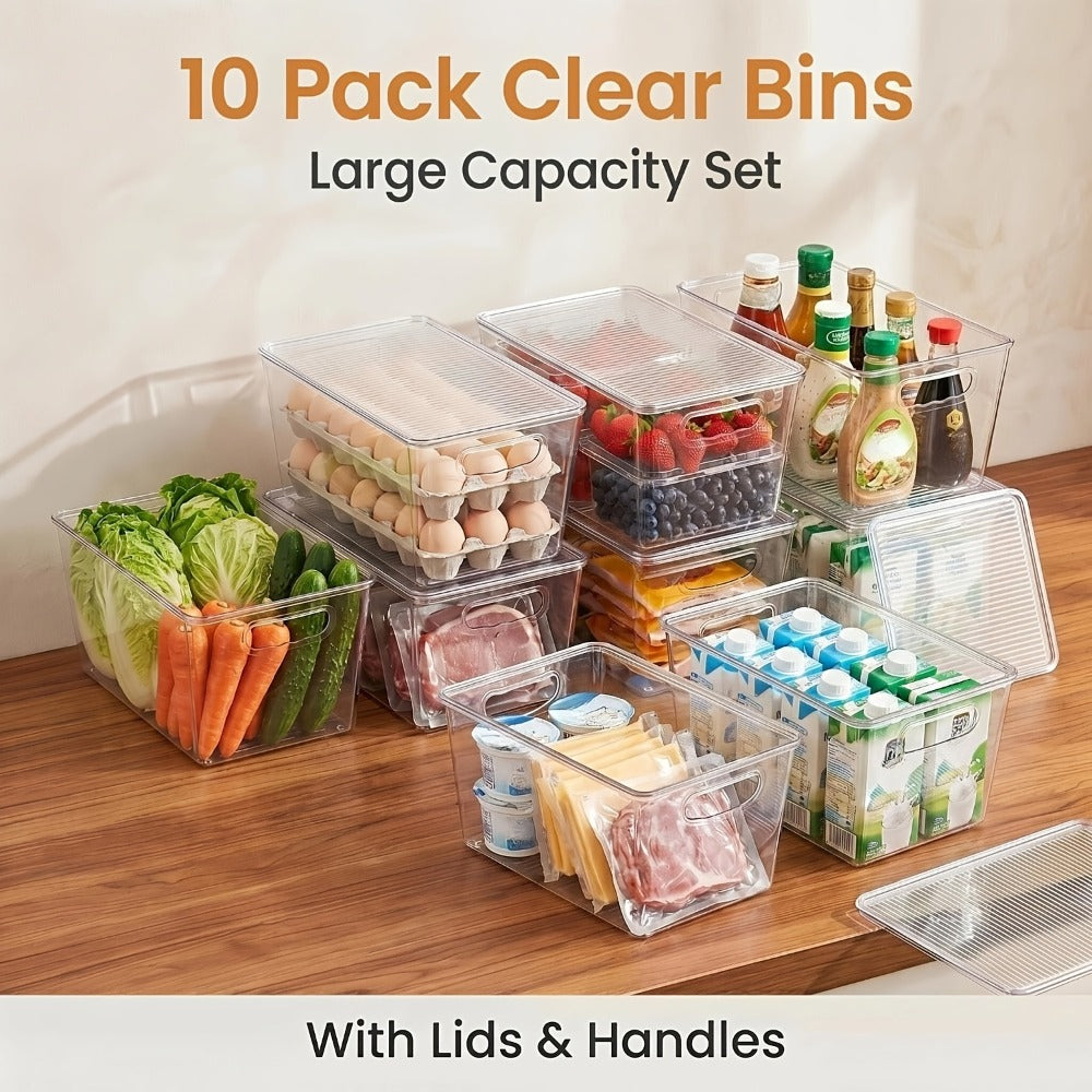 Clear Stackable Storage Bins with Lids 10 Pack – Large Plastic Pantry Organizer Containers with Handle, 11x7.5x6 Inch