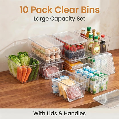 Clear Stackable Storage Bins with Lids 10 Pack – Large Plastic Pantry Organizer Containers with Handle, 11x7.5x6 Inch