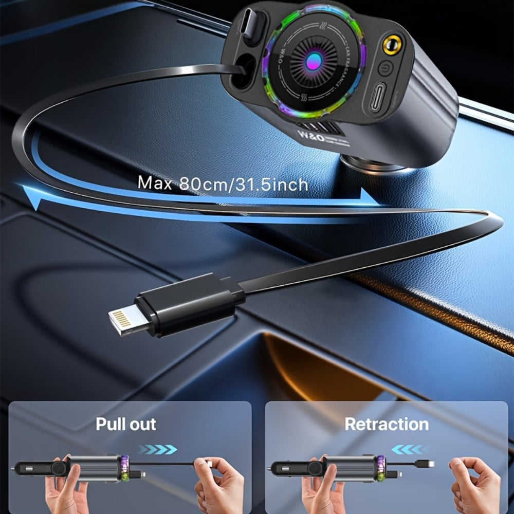 Car Charger with 80 cm Retractable Cable, Aroma Diffuser and Red Star Projector in a Black Plug-In Design
