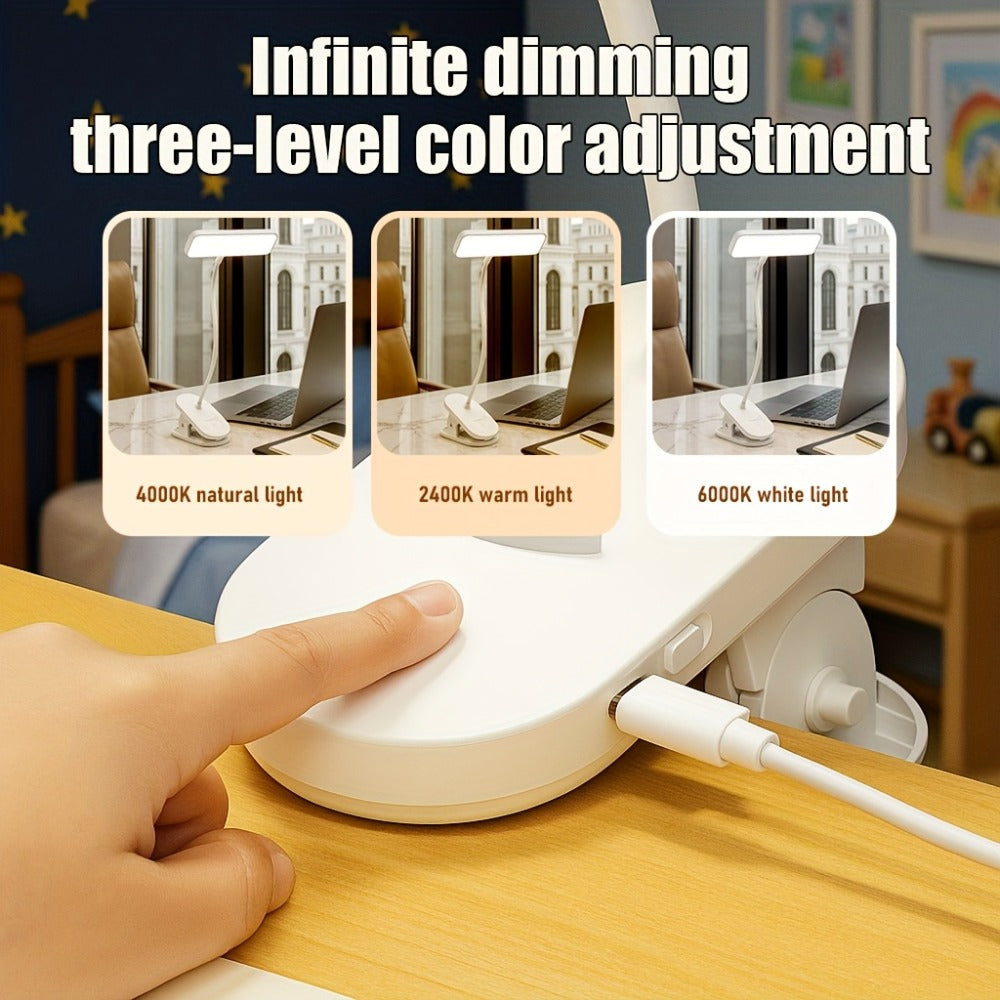 Clamp-On LED Desk Lamp with Flexible 40cm Gooseneck, 6cm Jaw, Three Color Modes and Stepless Dimming