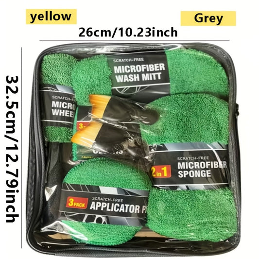11-Piece Car Cleaning Kit with Microfiber Wash Mitts, Tire Brushes, Applicator Pads and Gray Storage Bag