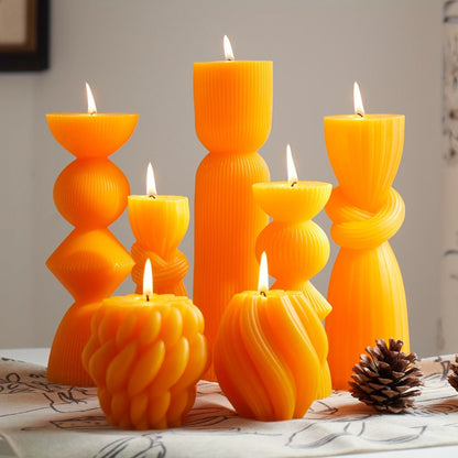 Ribbed Pillar Candles 7-Pack Large Soy Wax, Handmade Aesthetic Pillar Candle Set for Home Decor, Wedding Centerpiece