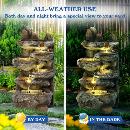 Outdoor Water Fountain 6-Tier Cascading Garden Fountain with LED Lights, Pump & Rocky Peak Decor