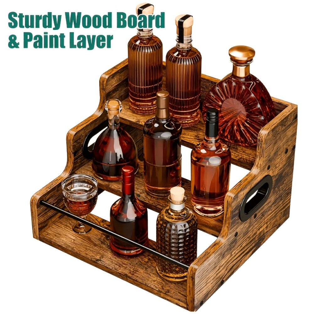 Wood Wine Rack 3 Tier Countertop Liquor Bottle Display Shelf | Solid Wood Bar Organizer for Whiskey Spirits Coffee Syrup Spices | Retro Mini