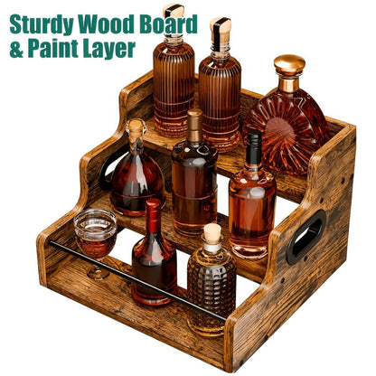 Wood Wine Rack 3 Tier Countertop Liquor Bottle Display Shelf | Solid Wood Bar Organizer for Whiskey Spirits Coffee Syrup Spices | Retro Mini