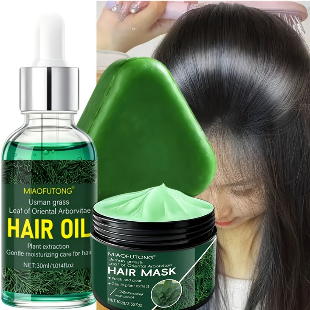 Three-Piece Usman Grass Hair Care Kit with 120g Triangular Shampoo Bar, Oil and Mask Formats