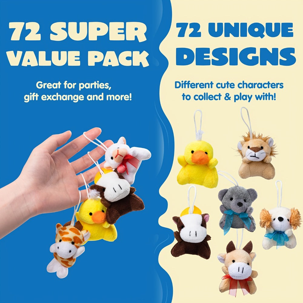 Mini Animal Plush Toy Assortment 72 Pack Bulk, 2.5-3 Inch Stuffed Animals for Party Favors, Carnival Prizes