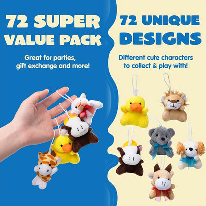 Mini Animal Plush Toy Assortment 72 Pack Bulk, 2.5-3 Inch Stuffed Animals for Party Favors, Carnival Prizes
