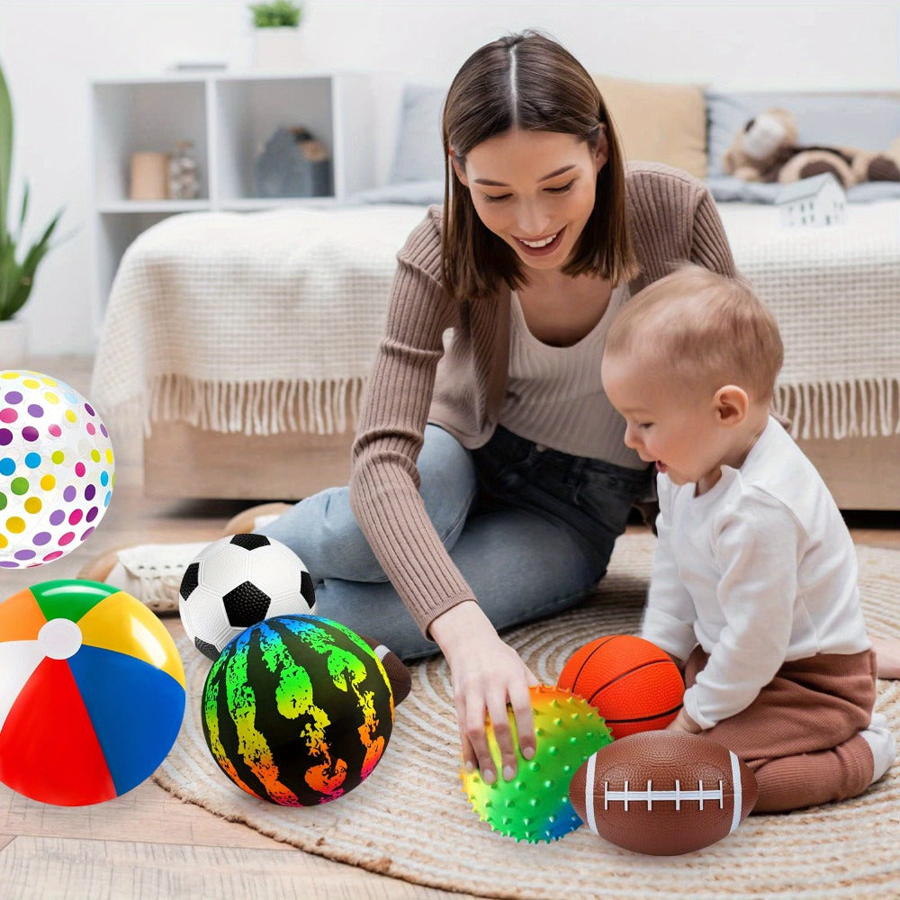 Kids Playground Ball Set 7-Pack with Air Pump, 10.6 Inch Outdoor Ball Plus 6-Inch Basketball Football Rugby