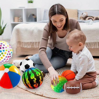 Kids Playground Ball Set 7-Pack with Air Pump, 10.6 Inch Outdoor Ball Plus 6-Inch Basketball Football Rugby