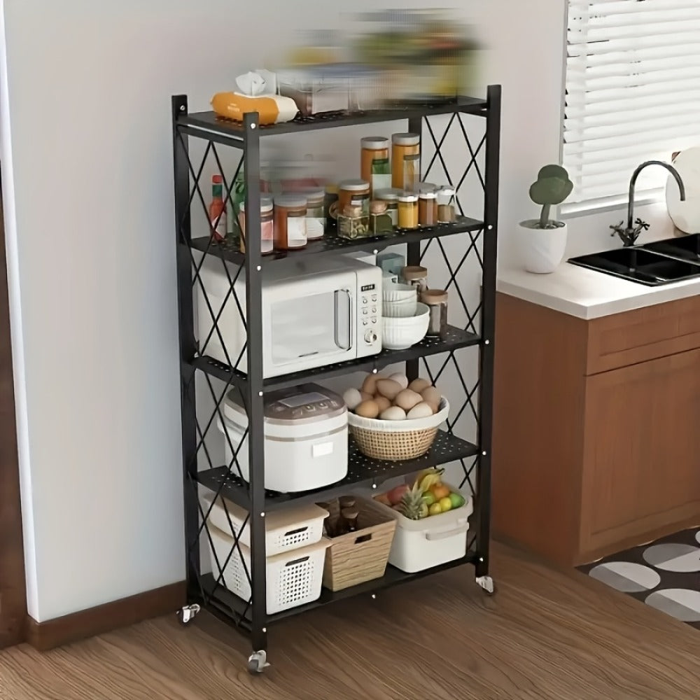 Rolling Foldable Metal Storage Shelf with Three-, Four- or Five-Tier Options in Black or White