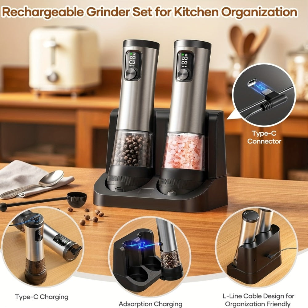 Electric Salt and Pepper Grinder Set Rechargeable USB Large with Base Adjustable Coarseness LED Display Kitchen Gift Silver Black