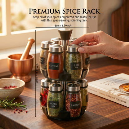 Glass Spice Jar Set with Rotating Rack, Airtight Kitchen Spice Organizer with 360° Stainless Steel Stand