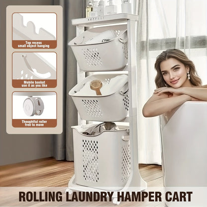 Rolling Laundry Hamper Cart with Wheels Multi-Tier | Large Capacity Laundry Basket with Removable Baskets | Wheeled Laundry Organizer