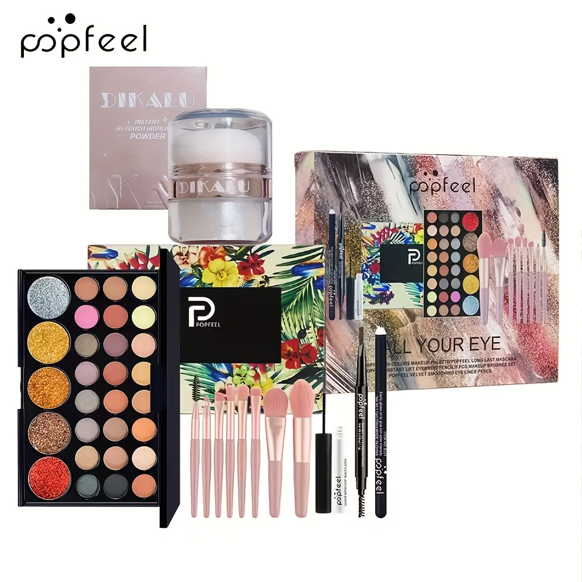 Makeup Gift Set POPFEEL 29-Color Eyeshadow Palette + Mascara + Eyeliner + Brow Pencil + Highlighter Powder + 7-Piece Brush Set | Complete