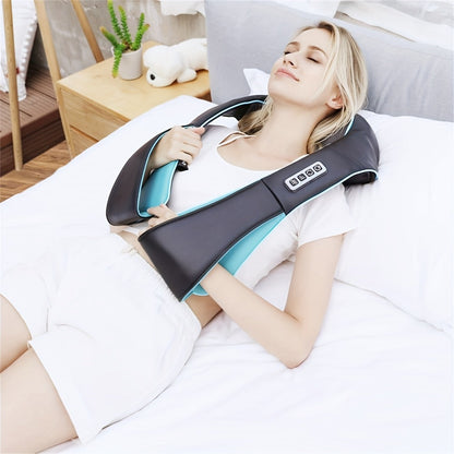 Black Shiatsu Neck and Shoulder Massage Pillow with Heat, 8 Kneading Rollers, 15-Minute Auto-Off and Home or Car Power