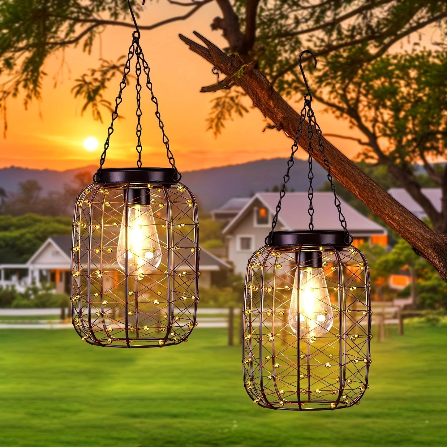 Solar Hanging Lanterns 2 Pack Outdoor Vintage Copper Wire LED Lantern Lights for Garden Patio Porch Gazebo Pergola Pathway Yard Decor