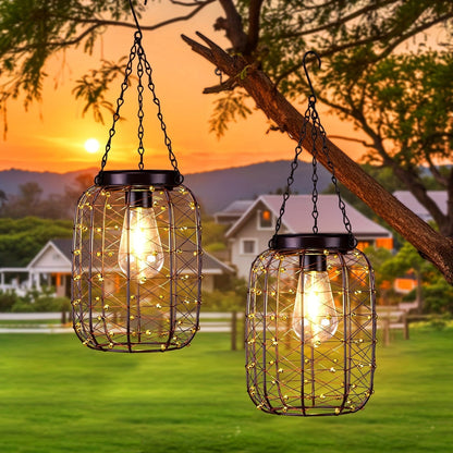 Solar Hanging Lanterns 2 Pack Outdoor Vintage Copper Wire LED Lantern Lights for Garden Patio Porch Gazebo Pergola Pathway Yard Decor