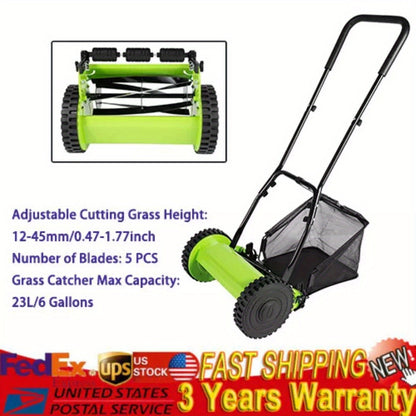 Manual Reel Lawn Mower 5-Blade Push Mower 11.8-Inch Cutting Width Adjustable Height 0.47"-1.77" for Garden, Patio and Yard Use