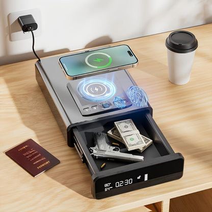Biometric Gun Safe with Fingerprint Lock LED Clock and Wireless Charging DOJ Pistol Safe for Entryways, Bedrooms and Living Spaces