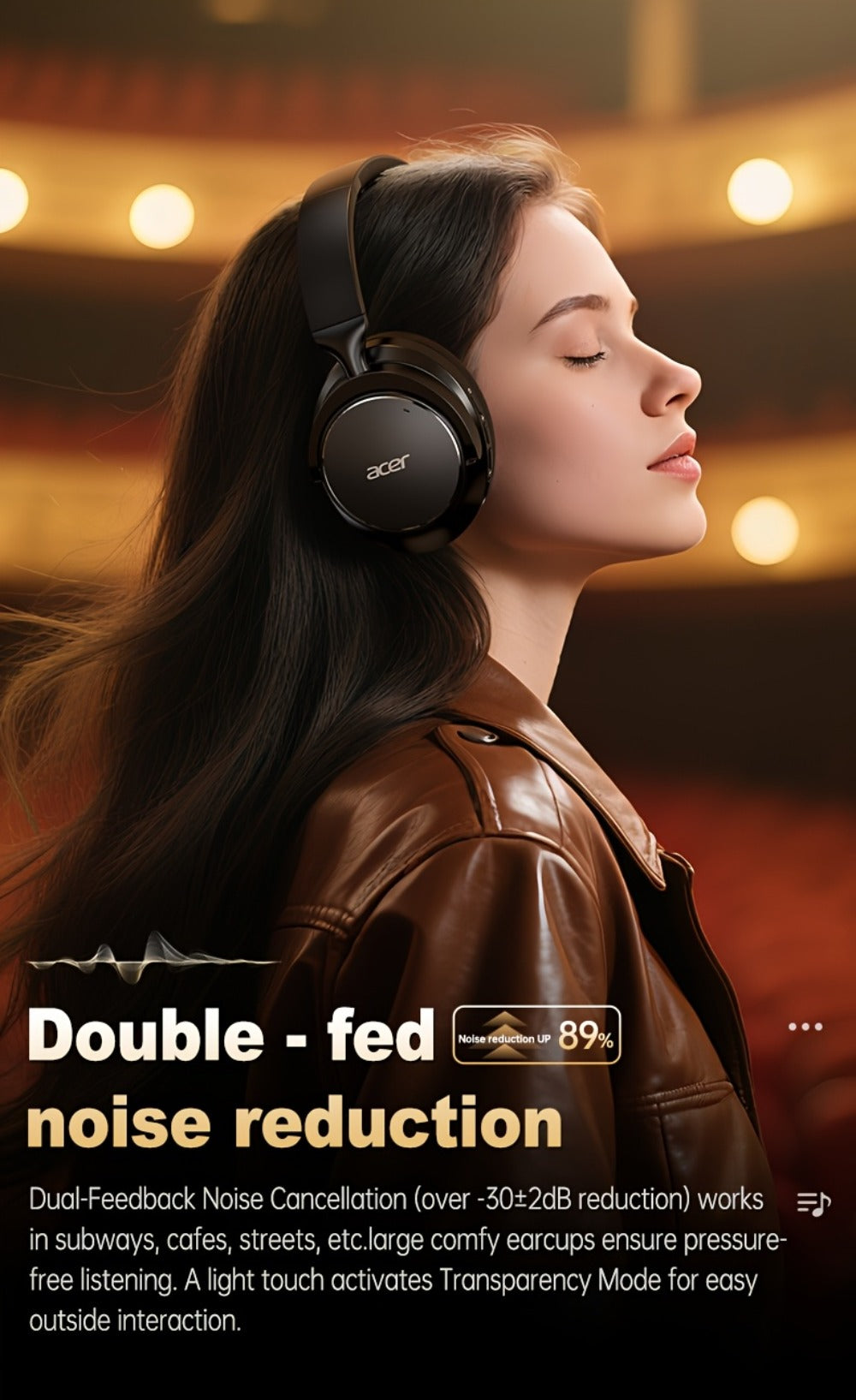 Acer OHR560 Over-Ear Headphones with Bluetooth 5.3, 40mm Drivers, ANC and ENC Labels, Foldable Earcups and AUX