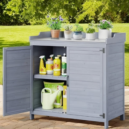 Potting Bench with Storage Cabinet, Outdoor Waterproof Wood Garden Shed Table with Removable Shelves & Doors