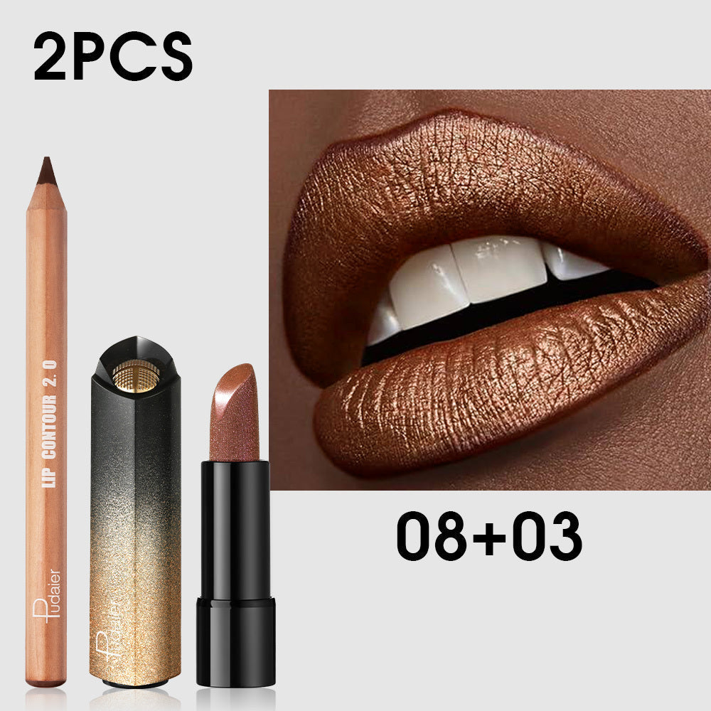 Golden Lipstick Set with Lip Liner Pencil 2 Piece, Brown Shimmer Lipstick and Nude Lip Liner