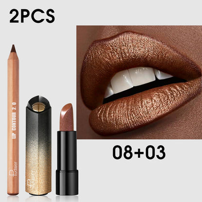 Golden Lipstick Set with Lip Liner Pencil 2 Piece, Brown Shimmer Lipstick and Nude Lip Liner