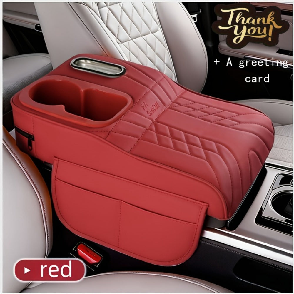 Center Console Tray Organizer with Cup Holder, Tissue Slot and Six Color Options in Black, Orange, Red, Brown or Beige