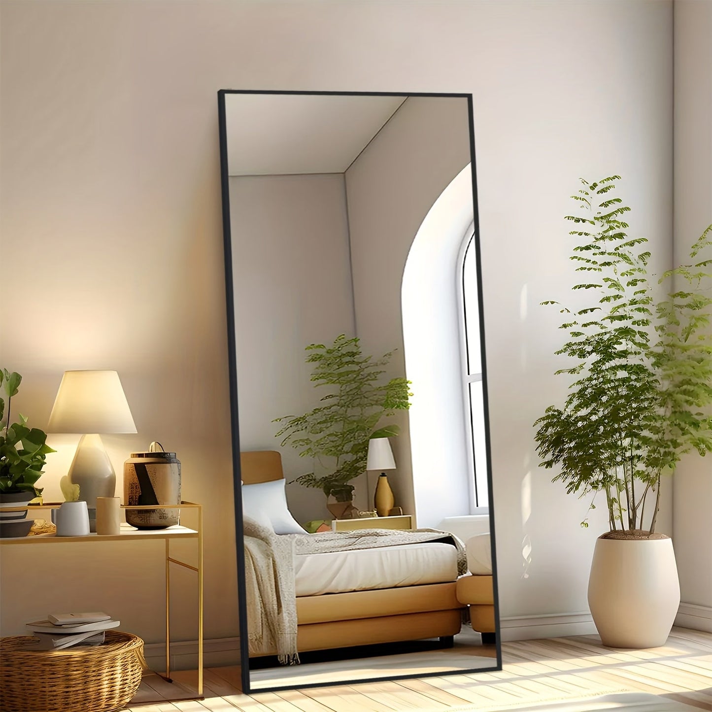 Full Length Mirror Floor Standing, Arched & Rect Body Mirror with Stand, Hanging or Leaning Wall Mirror, Aluminum Alloy Thin Frame