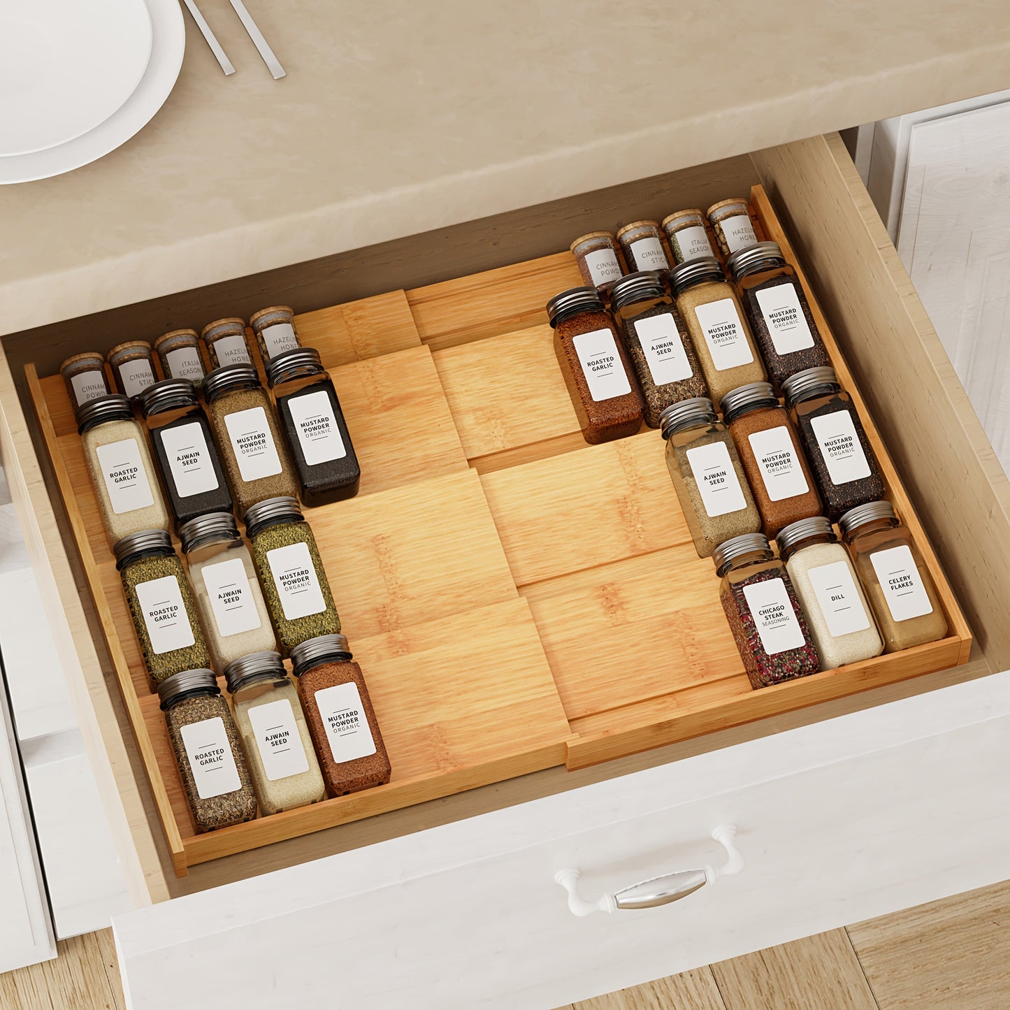 Spice Drawer Rack Kitchen Organizer 4-Tier Expandable Bamboo Tray Adjustable from 12 to 23 Inches
