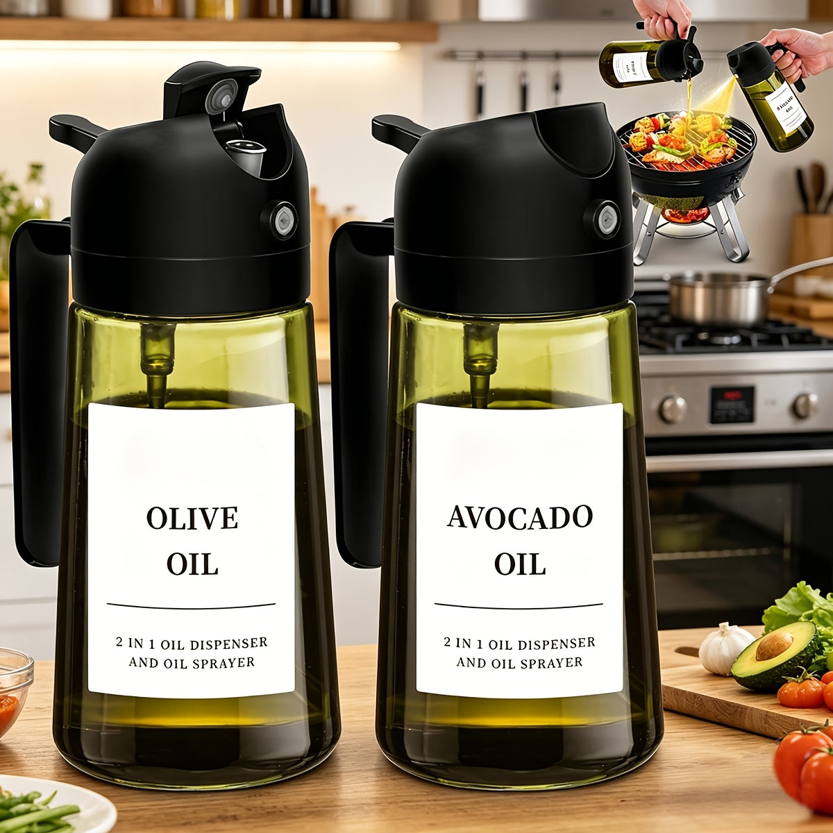 Glass Olive Oil Dispenser Bottle Set of 2 – 16oz 480ml Dual Drizzle & Spray Function, Light-Blocking Design for Fresh Oil